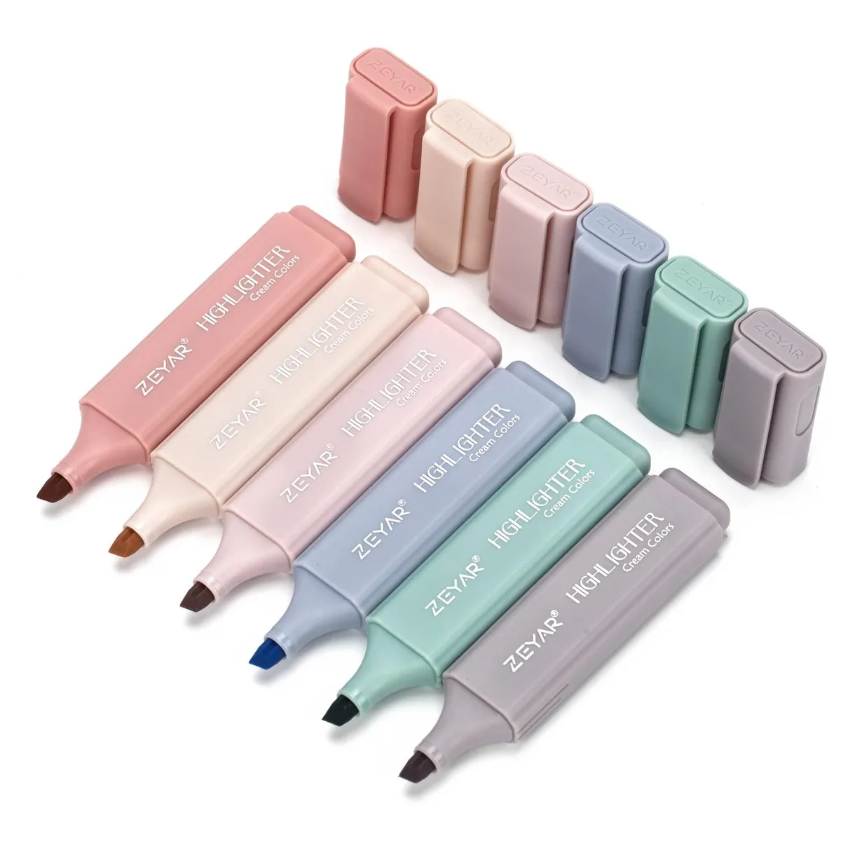 Six pastel highlighters with chisel tips in a short wide barrel