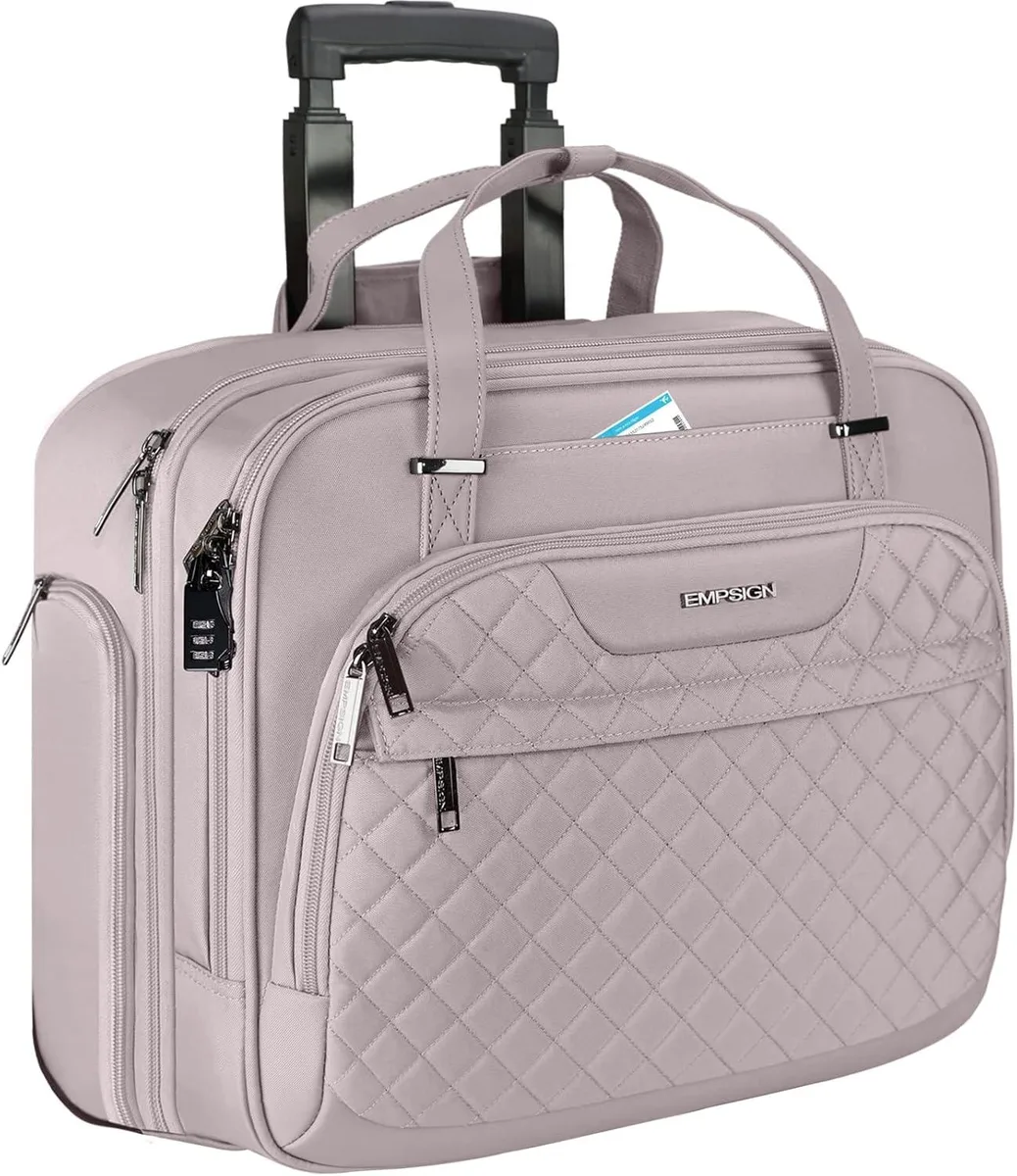 Pink rolling laptop bag with telescoping handle and two wheels, polyester canvas fabric, RFID pocket, fits 15.6 inch laptop