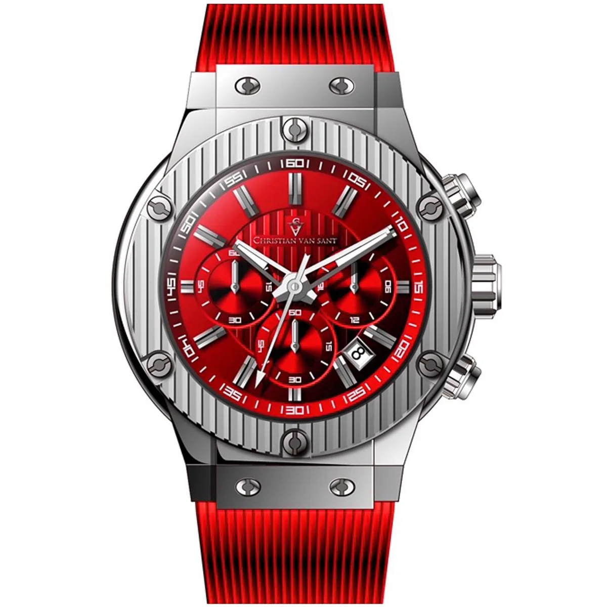 Christian Van Sant Monarchy watch with red dial, stainless steel case and rubber strap