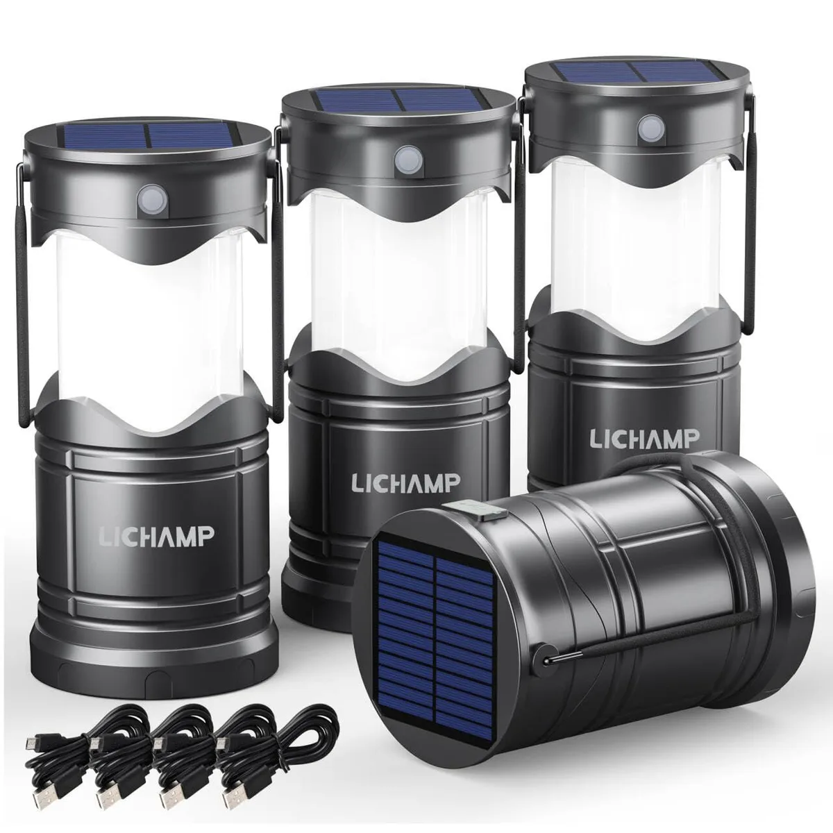 Four collapsible LED lanterns with foldable handles, matte finish, shown expanded and collapsed