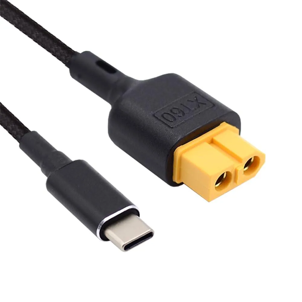 Black XT60 to USB-C cable with straight connectors, 50cm length