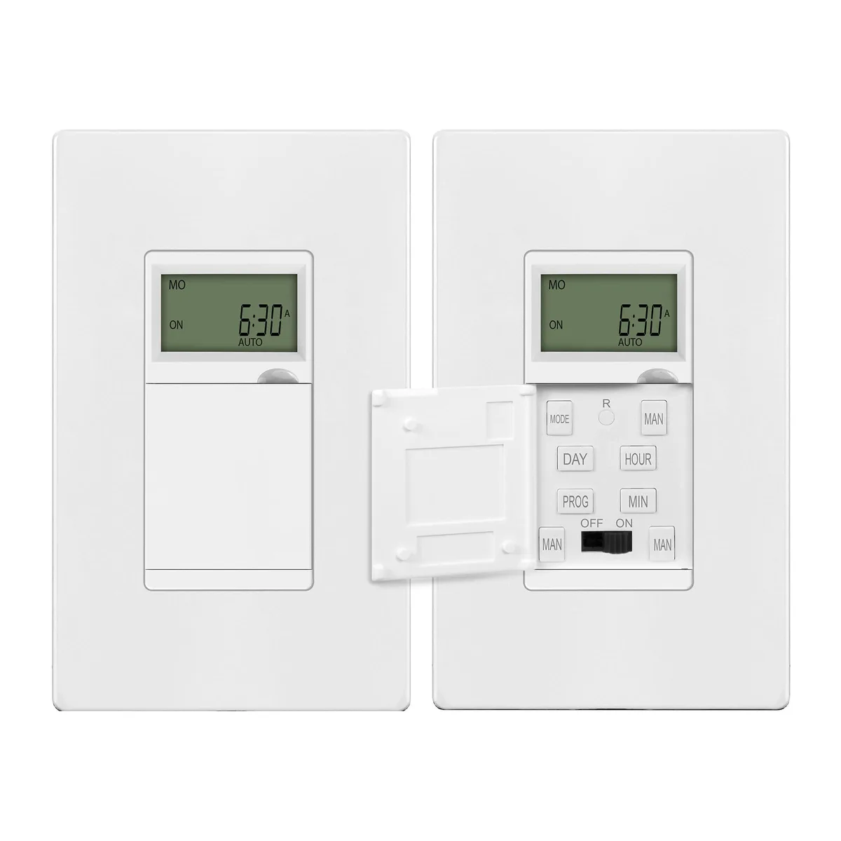 Two white rectangular wall timer switches with wire leads and digital display