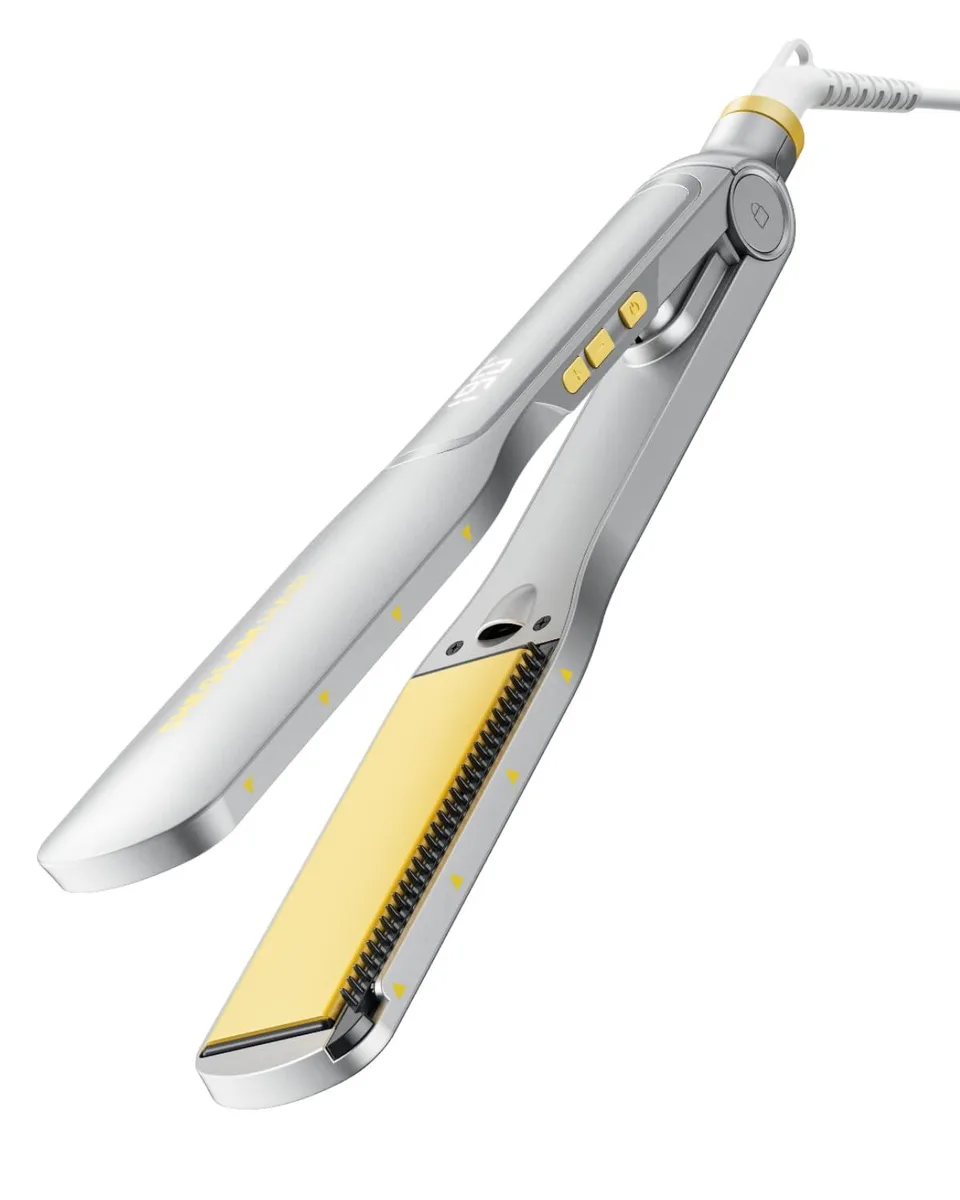 Silver and purple 1.5 inch flat iron with comb teeth on a rounded plate