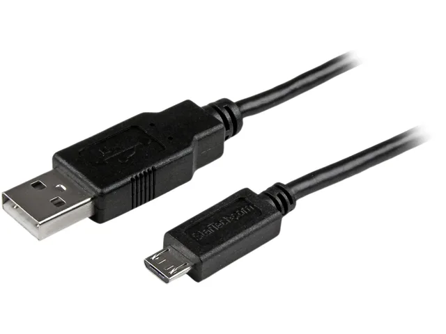 Short black USB-A to micro-B cable with slim moulded connectors