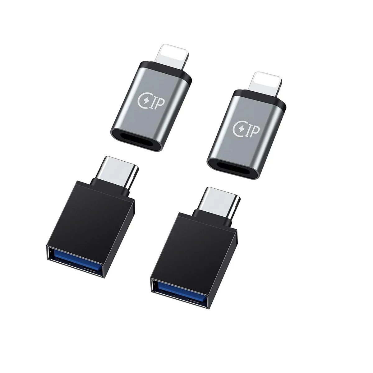  2 Type-C Female to iPhone Male, 2 USB Female to Type-C Male converters — product photo