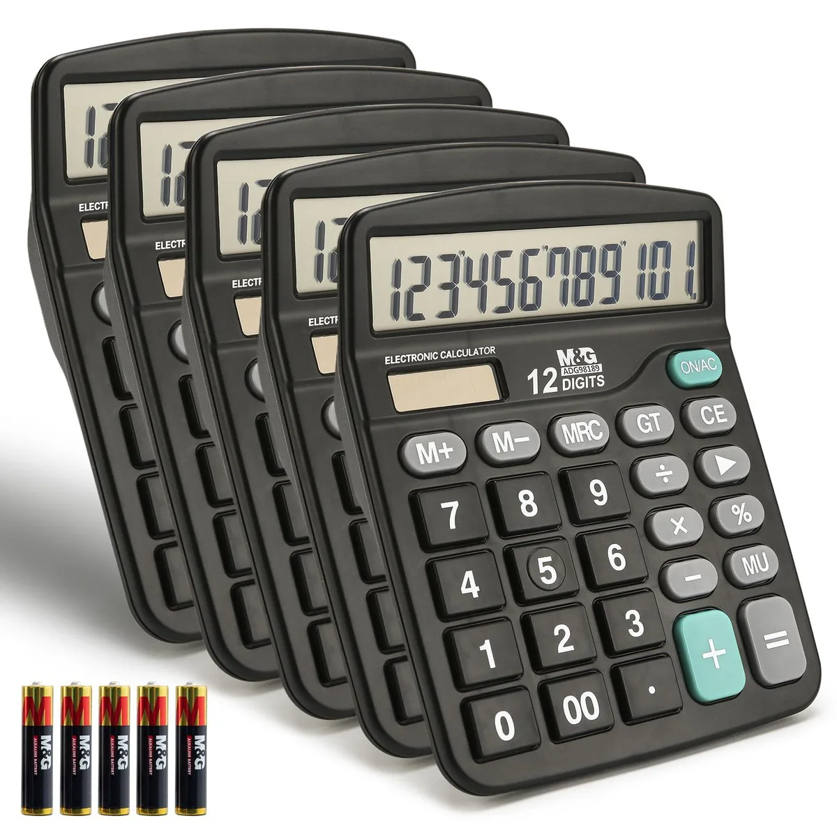  M&amp;G ADG98189-5 12-digit desk calculator, black, pack of 5 — product photo