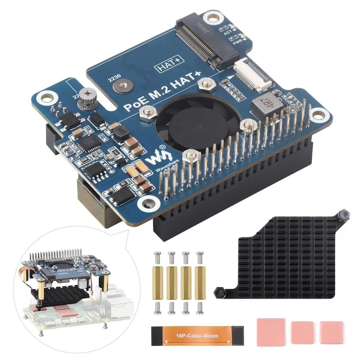 KEHIPI KEHIPI PoE M.2 HAT+ NVME Adapter for Raspberry Pi 5 2230/2242 — product photo