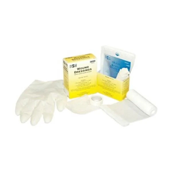 Compact white box containing gauze pads, roll, tape, gloves, eye pads and adhesive strips