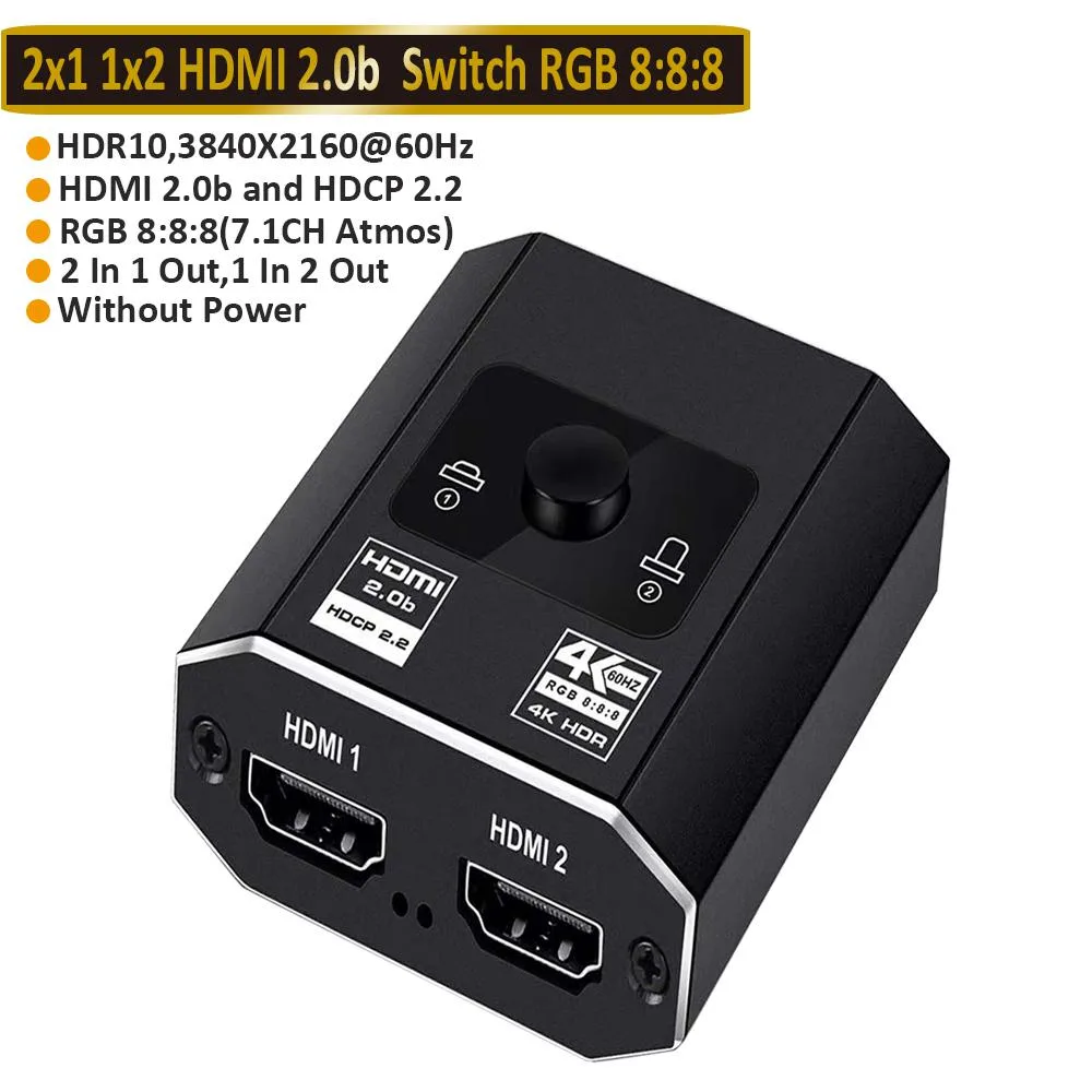 ESTONE ESTONE OZAB Bi-Directional HDMI Switch 4K 60Hz 18Gbps 2-in-1-out/1-in-2-out with Cable — product photo