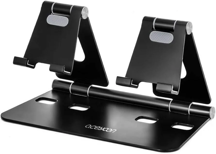 Black aluminum tablet stand with dual phone mounts, foldable base, adjustable angle