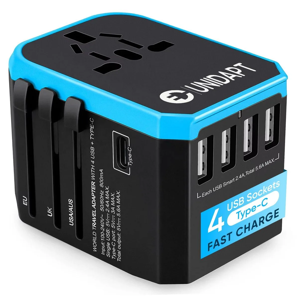 Blue cube-shaped universal travel adapter with retractable plug system and multiple USB ports