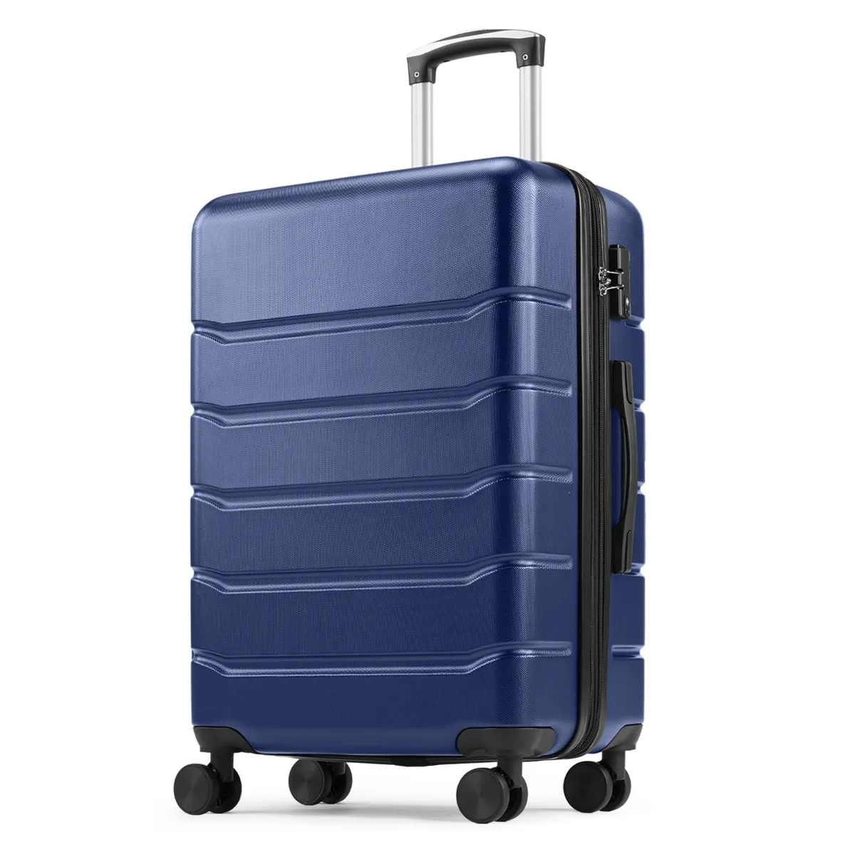Navy blue hard-shell suitcase with four spinner wheels and telescopic handle
