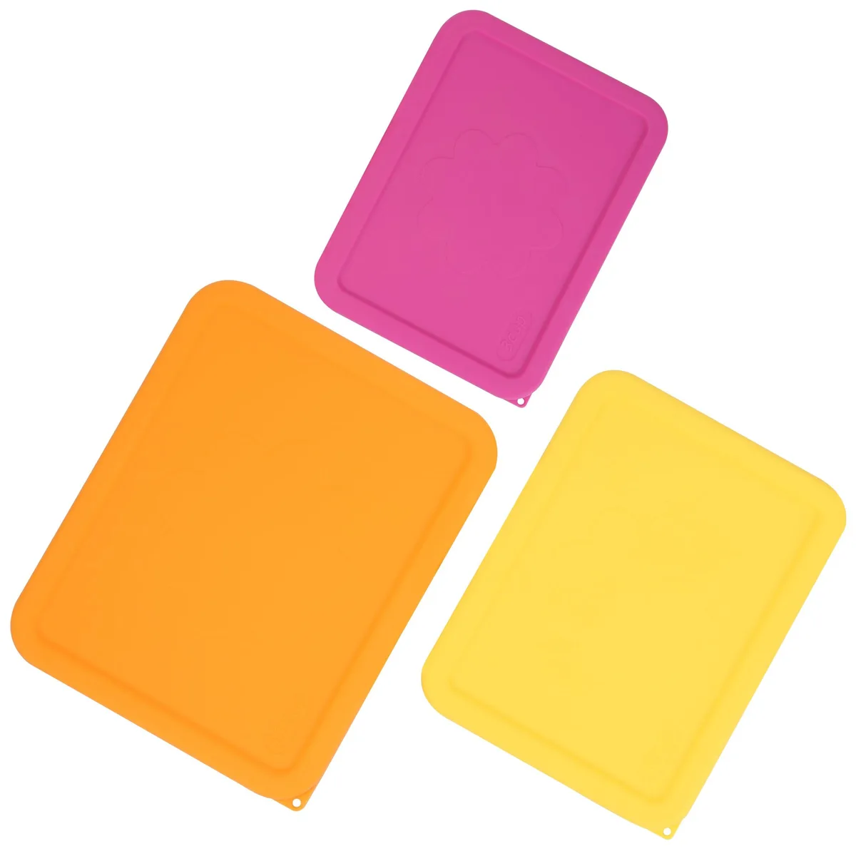 Three rectangular silicone lids in mixed colours, shown flat on a surface