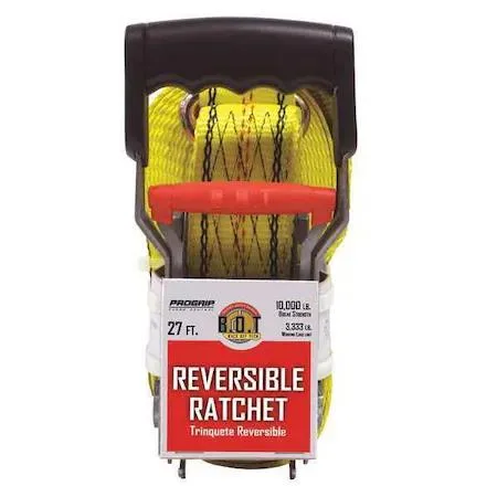 Yellow polyester tie-down strap with flat steel hooks and large ratchet handle