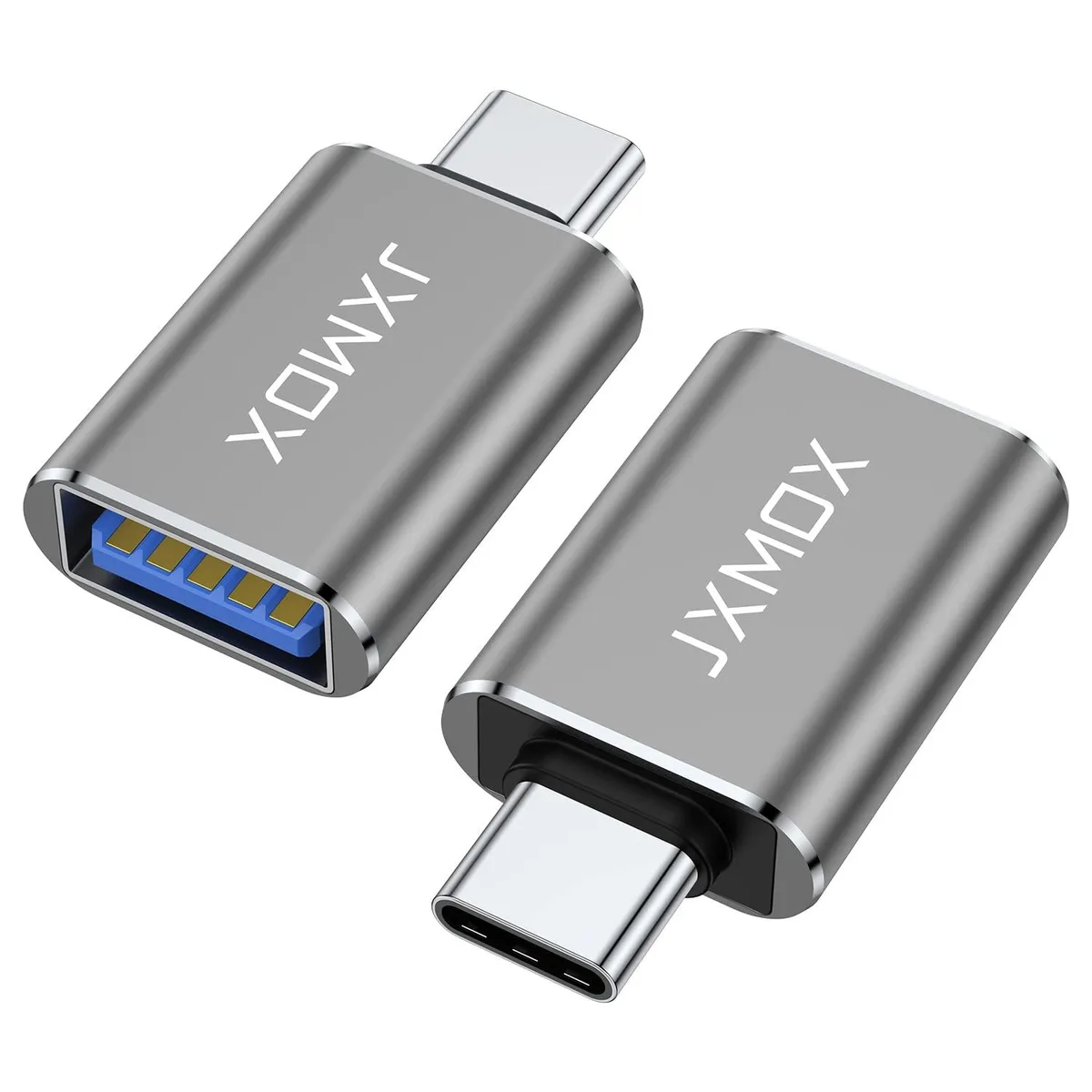 Two small grey USB-C male to USB-A female adapters side by side