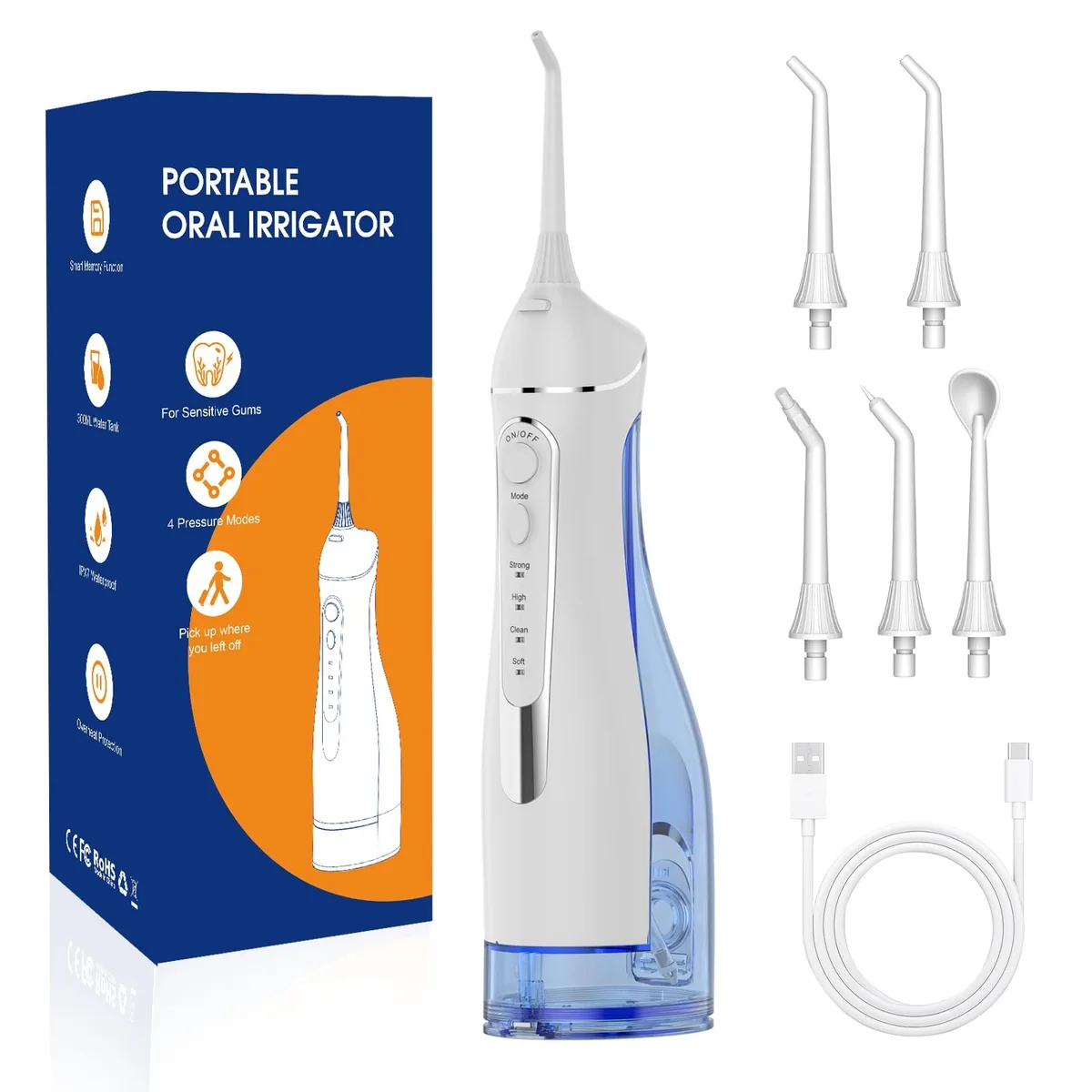White cordless water flosser with 300ml tank and five jet tips