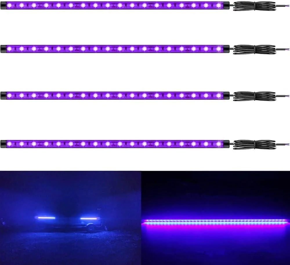 Four 20-inch UV LED strips in clear waterproof tubes with red and black wires