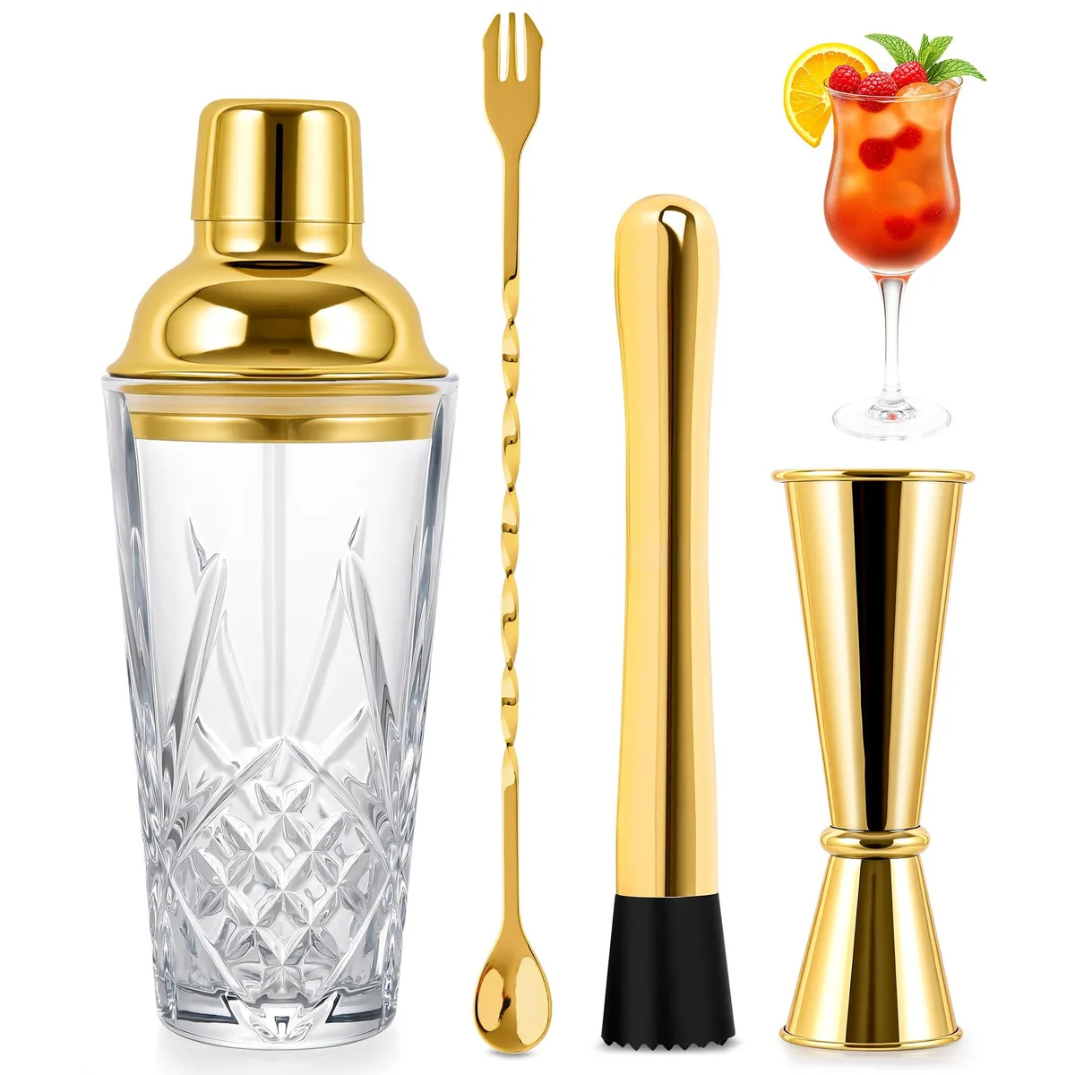 Glass cocktail shaker with gold lid, jigger, spoon, muddler