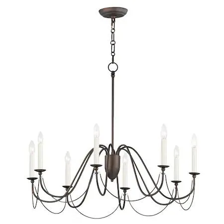 Transparent 8-light chandelier with sweeping metal accents in Chestnut Bronze