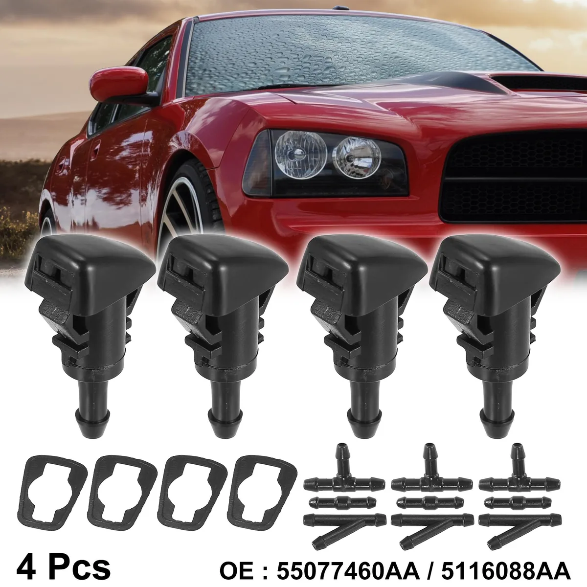 Four black plastic windshield washer nozzles with rubber washers and adapters