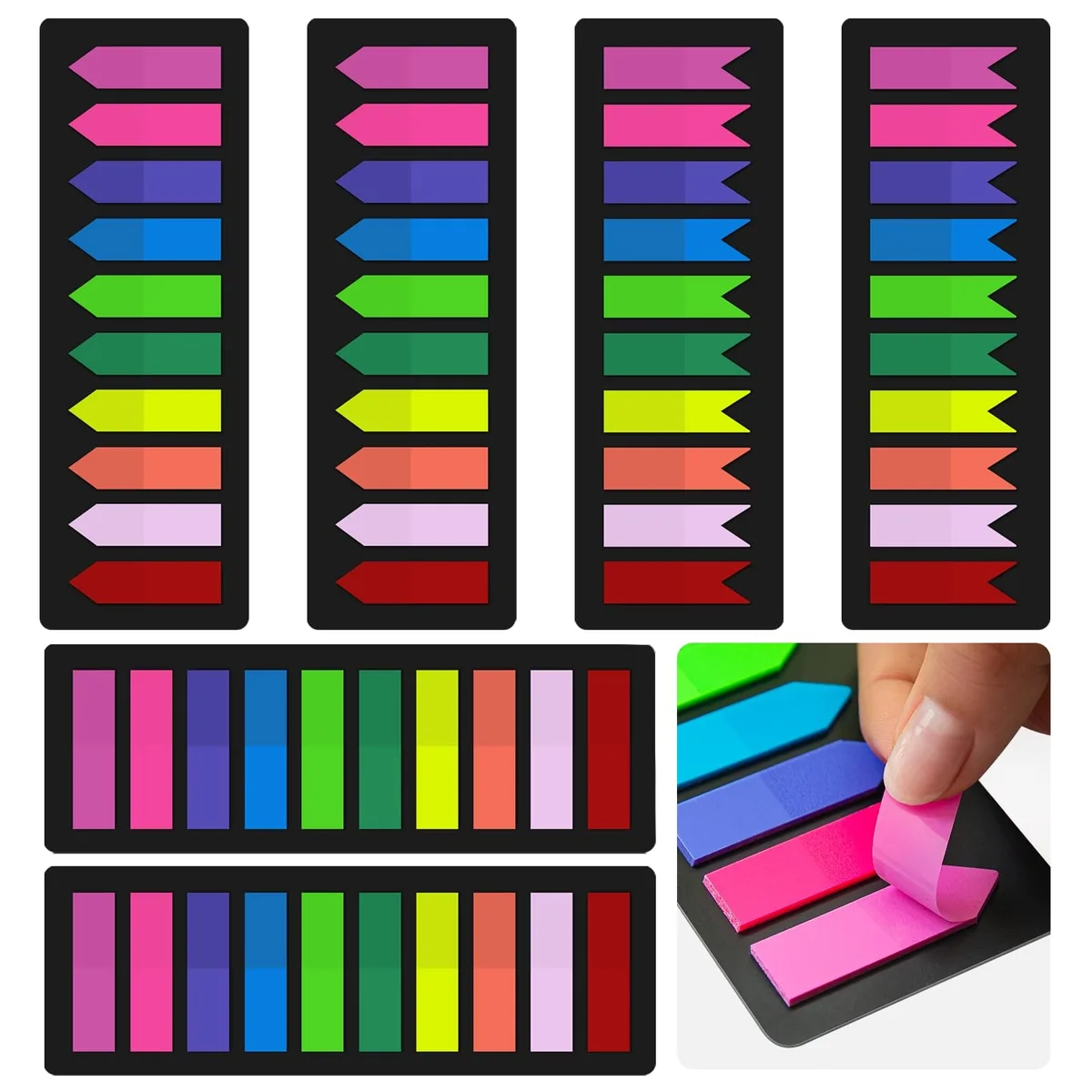 Pack of 1200 neon PET index tabs in 10 colors and 3 arrow designs, each 0.47 by 1.78 inches