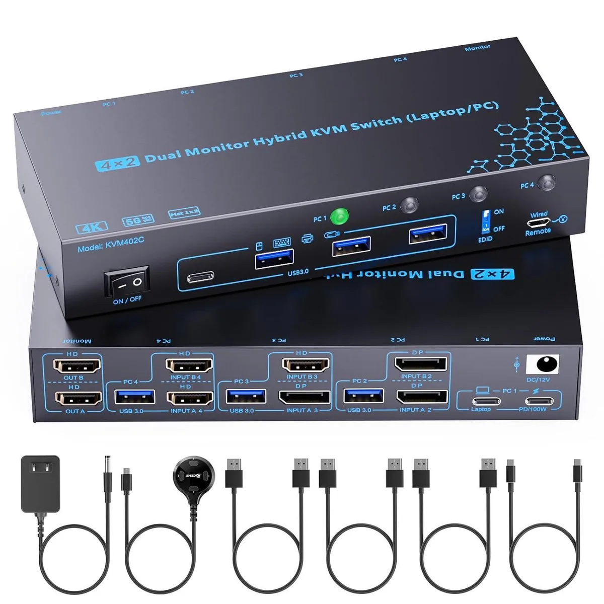 WRIARICH WRIARICH 402C Dual Monitor 4-Port KVM Switch 4K@60Hz 100W PD — product photo