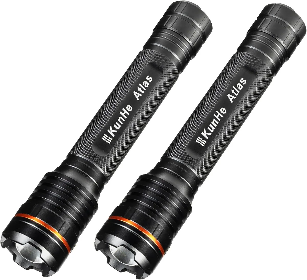 Large aluminum flashlight with textured grip and zoomable head