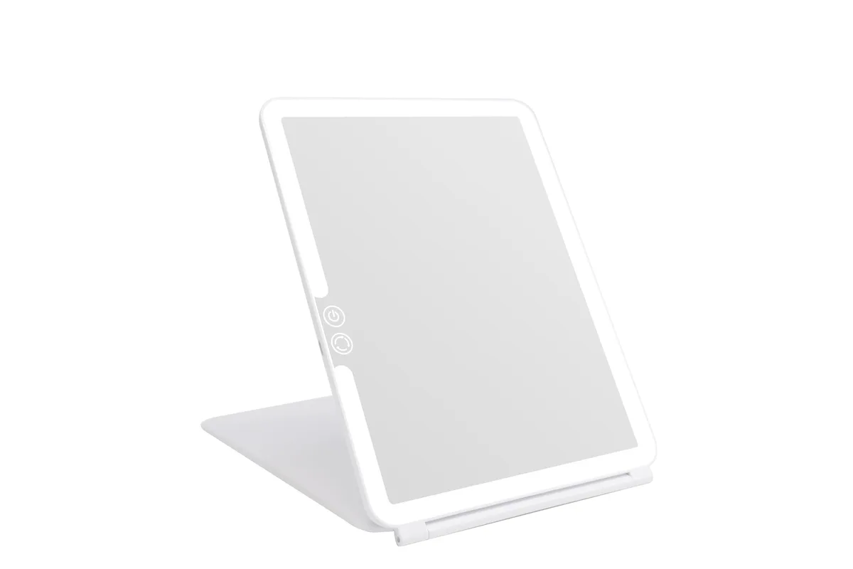 White rectangular folding mirror with 72 LEDs, 10 by 7.5 inches, ABS frame