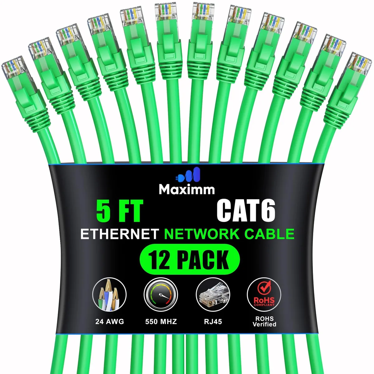 maximm maximm Cat 6 Ethernet Cable 5 ft 12-Pack Green 2 in 1 accessory — product photo