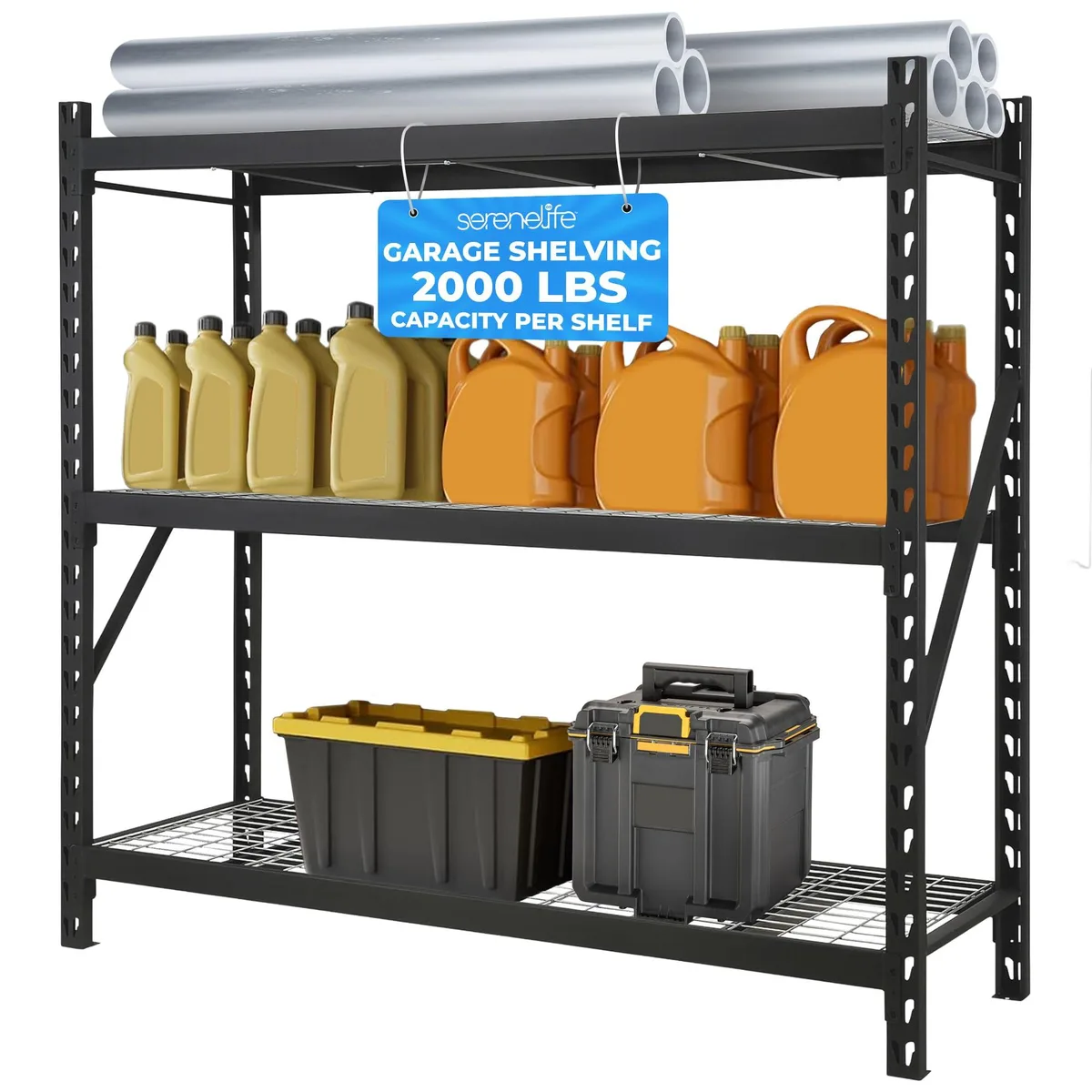 Three-tier metal shelving unit with open wire mesh shelves, silver steel frame, adjustable feet, freestanding design
