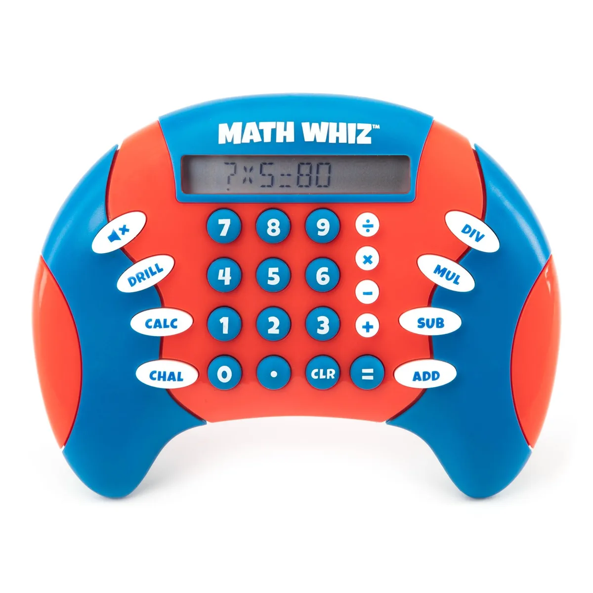 Black handheld electronic math game with keypad and display