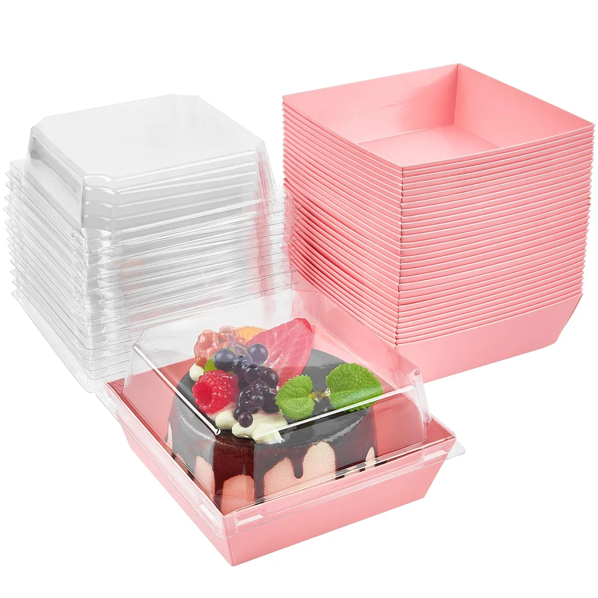 Fifty pink square boxes with clear lids stacked