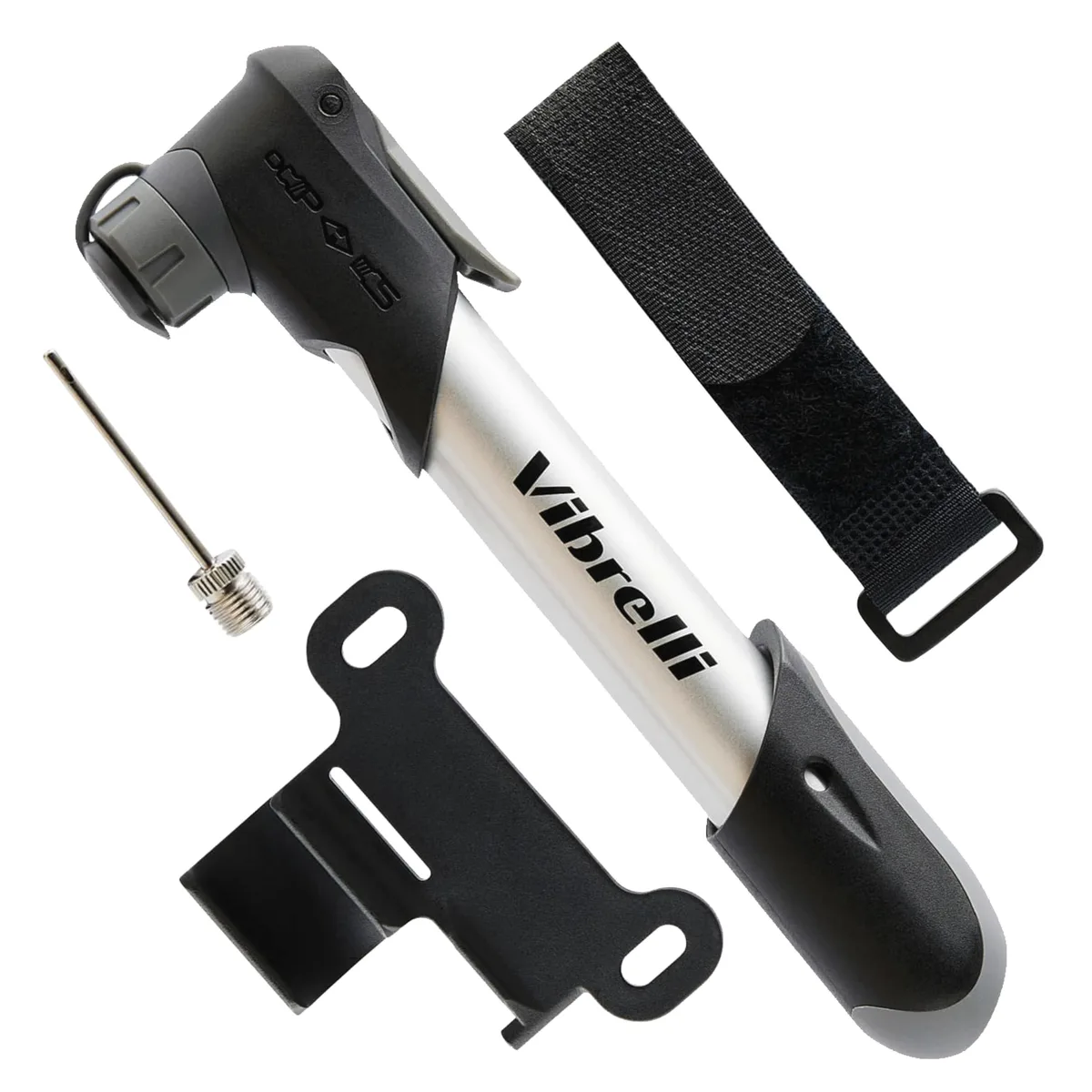 Silver aluminium mini bike pump with black plastic ends and a Velcro frame-mount strap