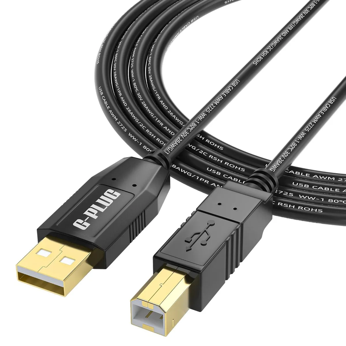 Black USB 2.0 A to B printer cable six feet long with gold connectors and thick PVC jacket