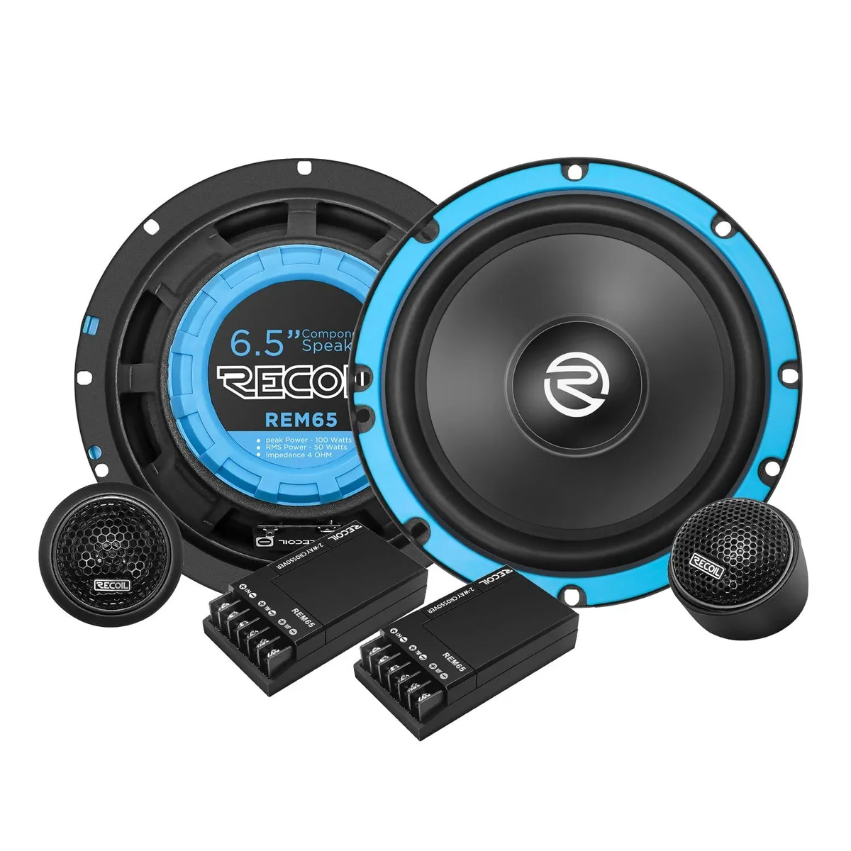 Pair of black 6.5-inch component speakers with silk dome tweeters and polypropylene cones