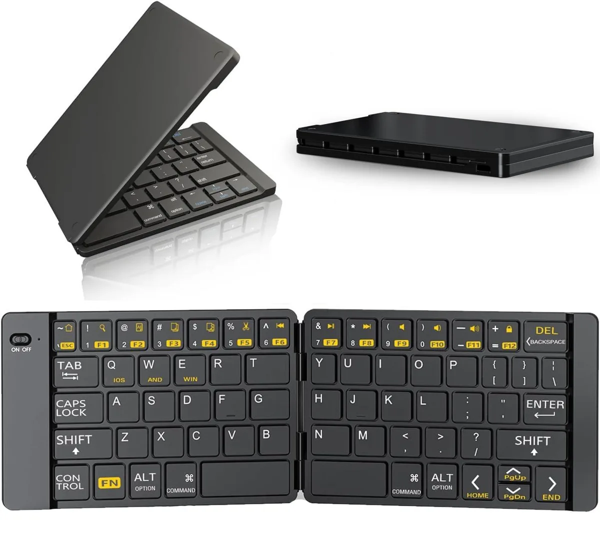 Black foldable Bluetooth keyboard, compact and slim, shown open with standard QWERTY layout