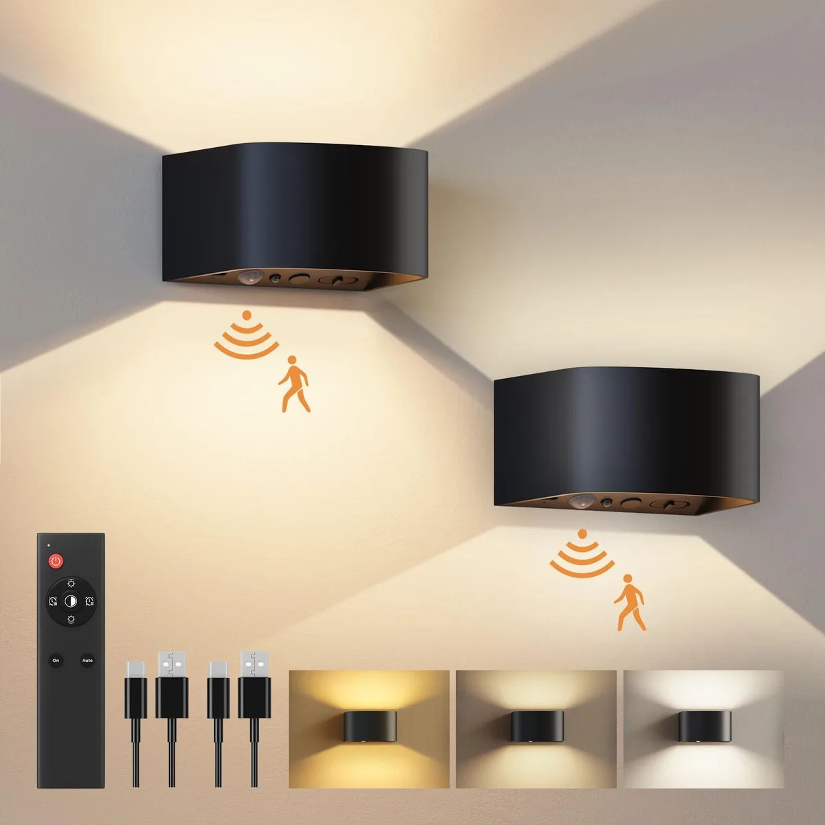 Two black rectangular LED wall sconces with remote control