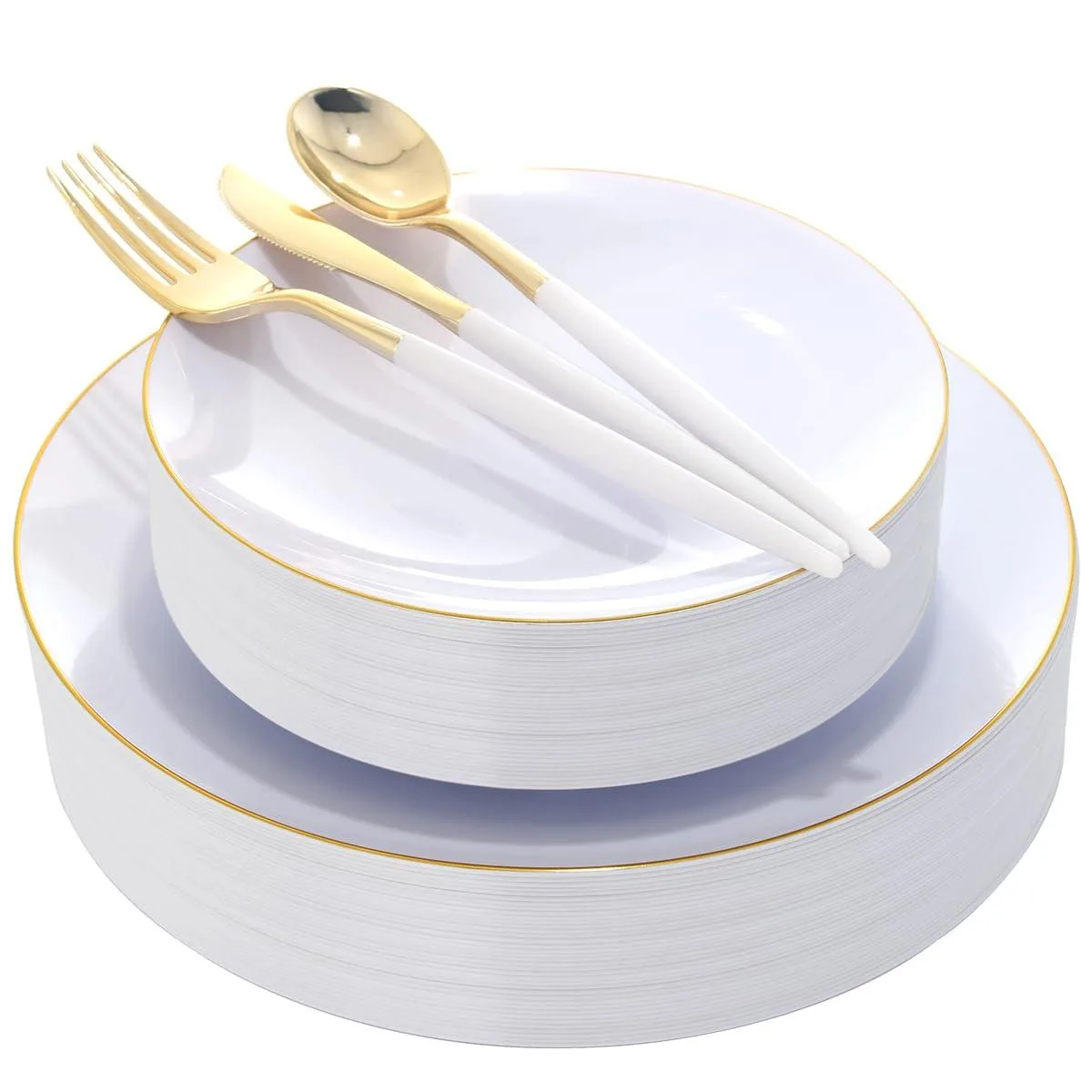 White and gold disposable dinnerware set with 30 dinner plates, 30 dessert plates, 90 cutlery pieces