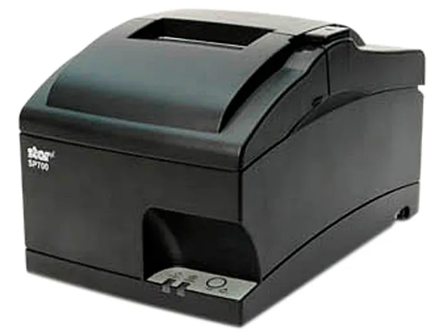 Gray desktop receipt printer with clamshell cover, impact dot matrix mechanism, auto-cutter and internal power supply