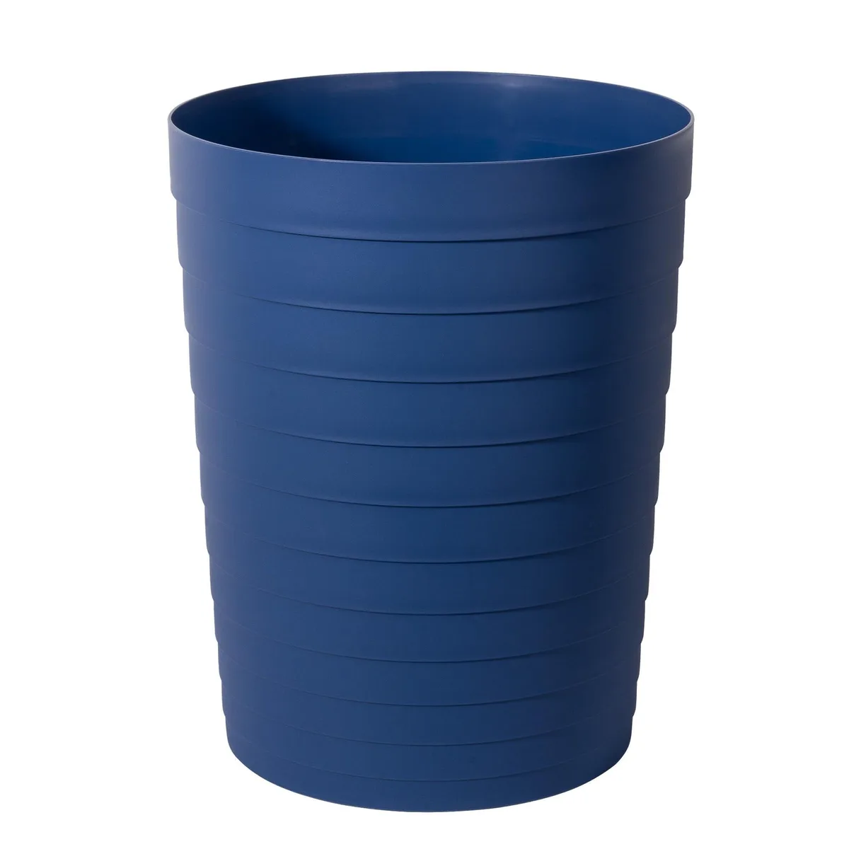 Three white cylindrical plastic wastebaskets, glossy finish, 7.8 inches wide by 10 inches tall