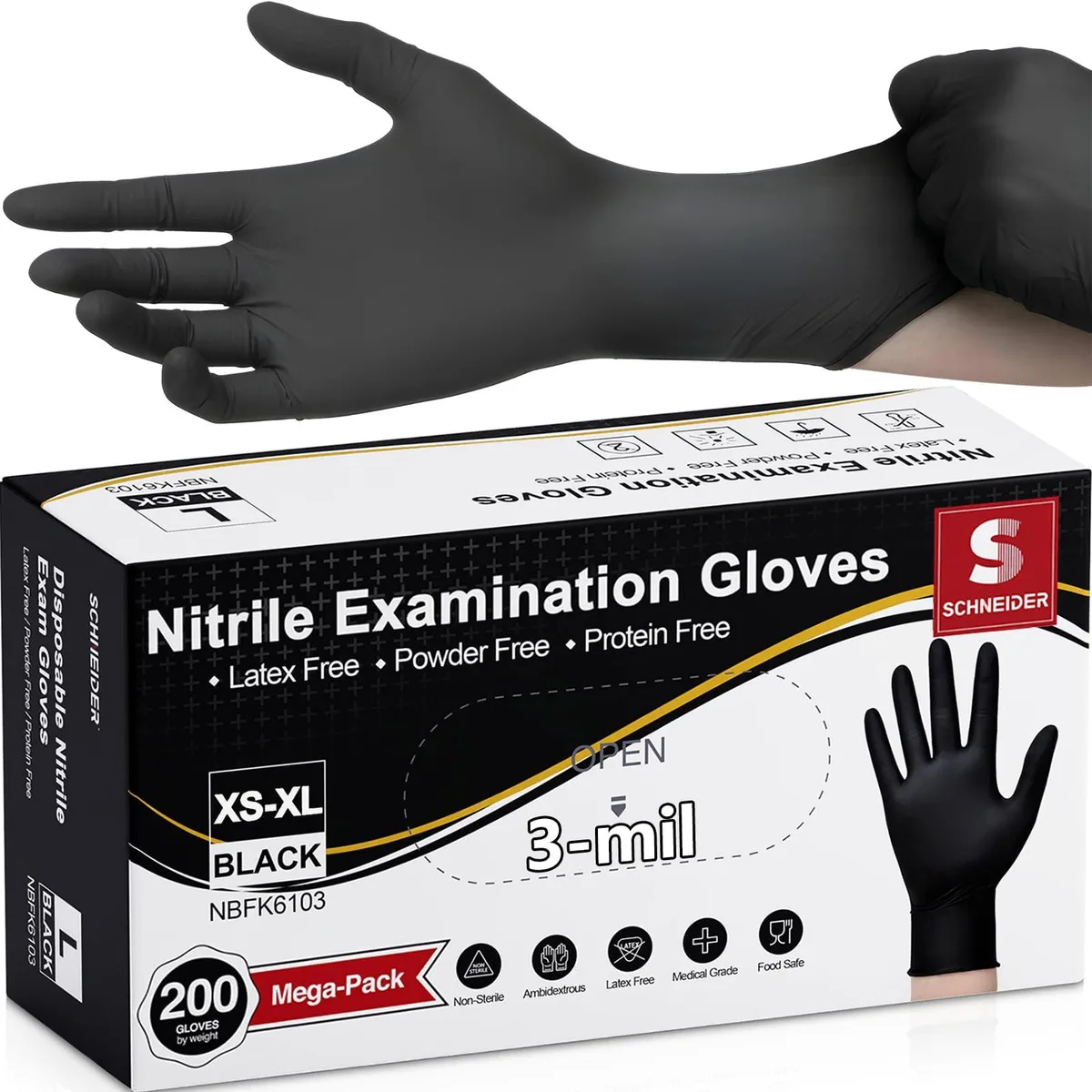 Black nitrile gloves in a 200-count box
