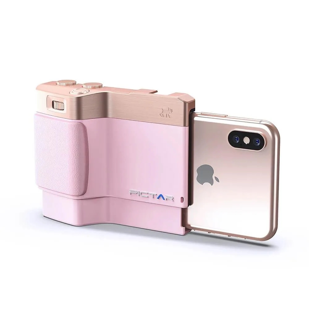 Pink smartphone camera grip with ergonomic handle, shutter button, zoom ring, selfie button, exposure wheel