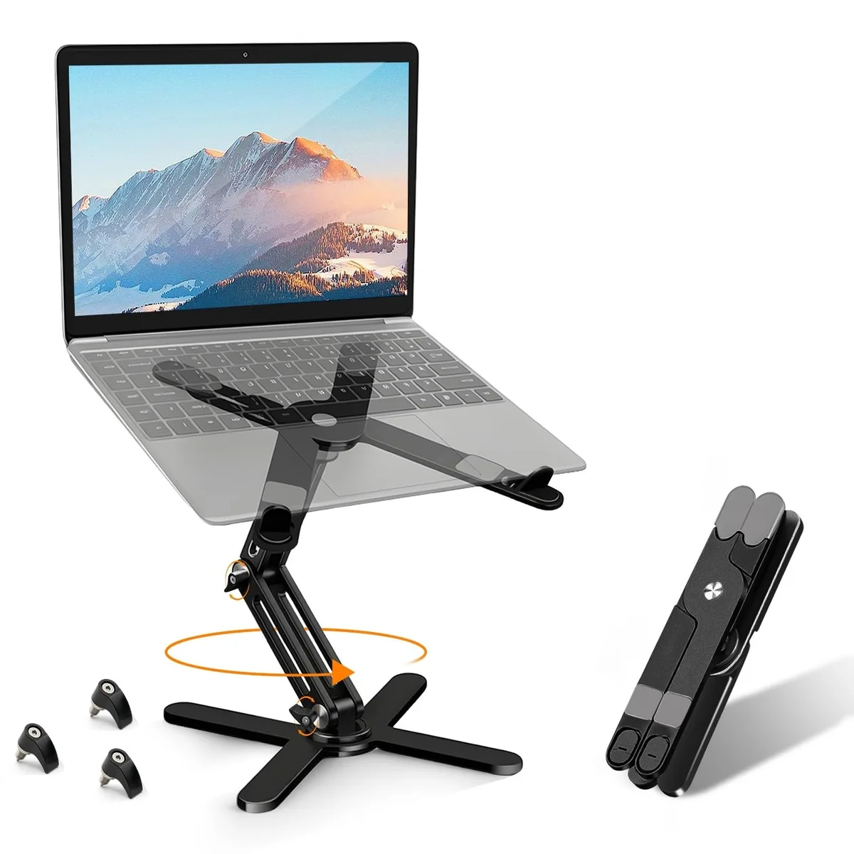 Black aluminium laptop stand with rotating base and folding arms