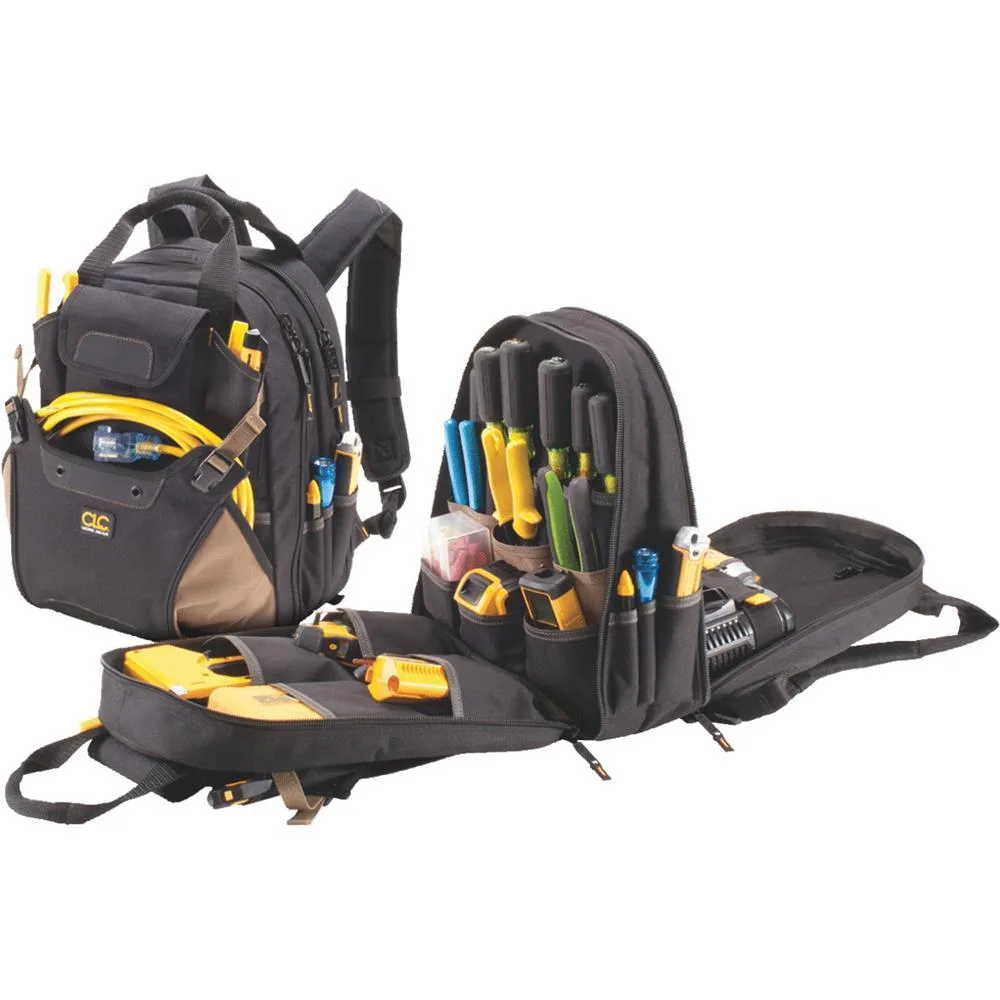 Black leather tool backpack model 1134 with 44 pockets and padded straps