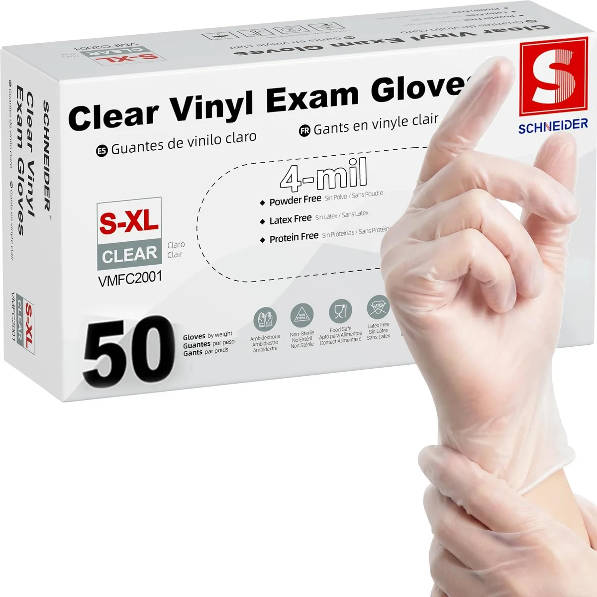 Clear vinyl exam gloves in a 50-count box