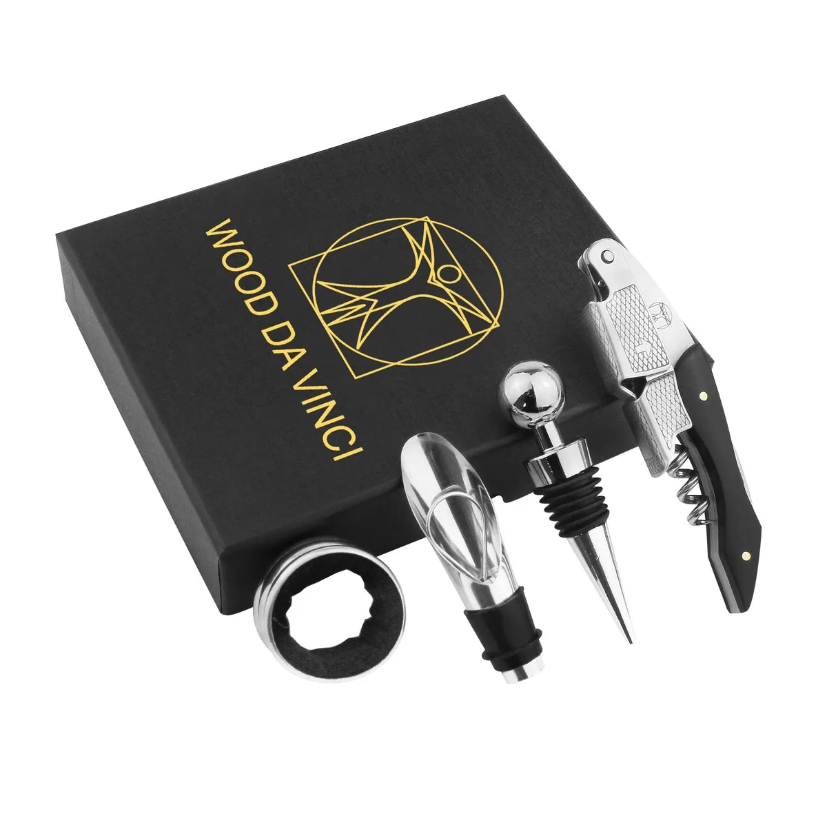 Stainless steel wine opener set in gift box with corkscrew, stopper, drip ring, pourer