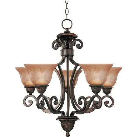 Five-light oil rubbed bronze chandelier twenty-six inches wide with amber or vanilla glass shades