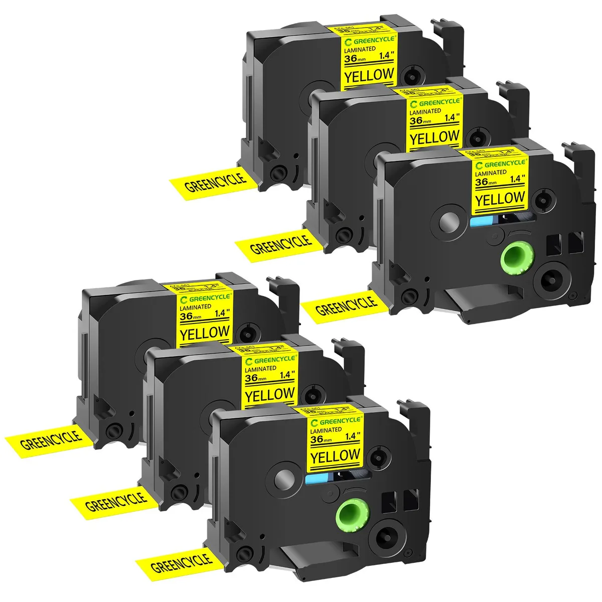 GREENCYCLE GREENCYCLE TZe-661 36mm 1.4" Black on Yellow Laminated Label Tape 6 Pack — product photo