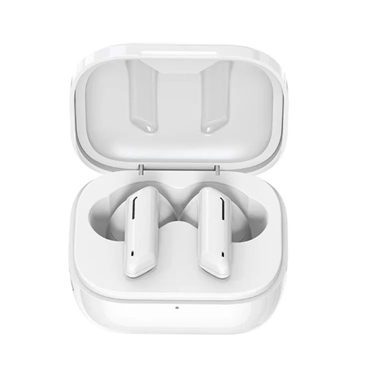 White true-wireless earbuds in a compact charging case
