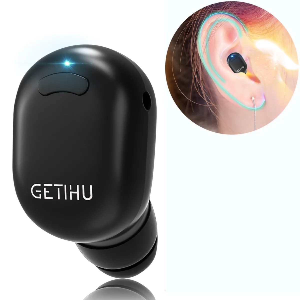 Tiny black in-ear bud, 0.95 x 0.55 x 0.47 inches, weighs 0.12 oz